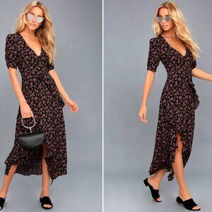 Honey Punch  Prairie Serenade Black Floral Print Midi Dress Size M